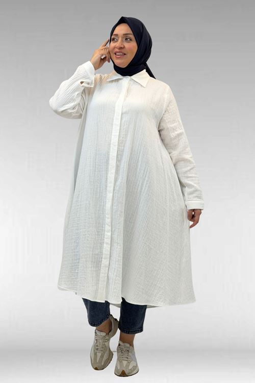 58093 Büyük Beden Mevlana Kesim Müslin Gömlek - Ekru