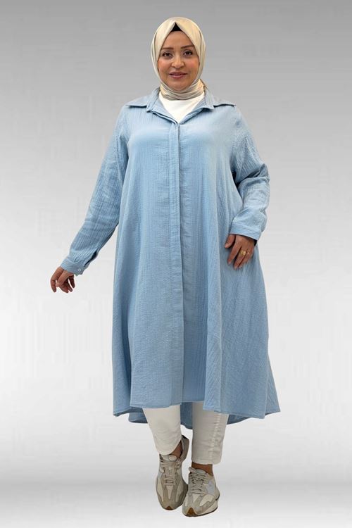 58093 Büyük Beden Mevlana Kesim Müslin Gömlek - Bebe Mavi