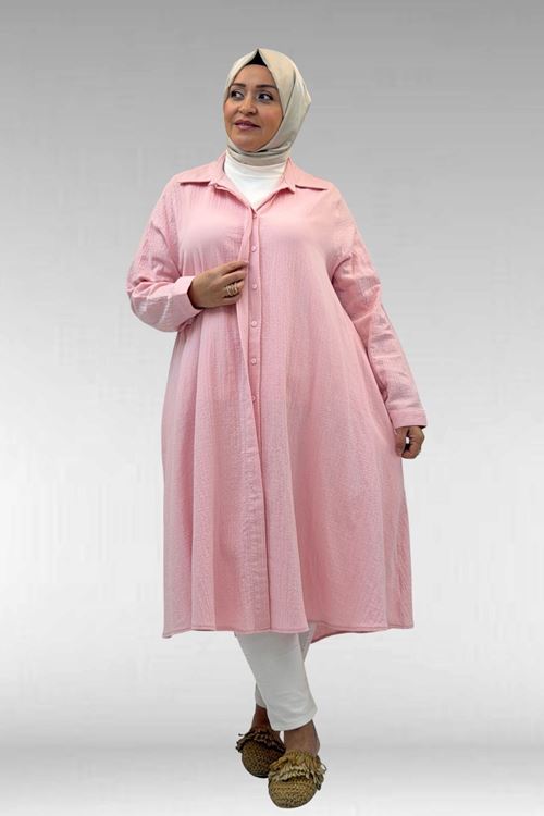 58093 Büyük Beden Mevlana Kesim Müslin Gömlek - Şeker Pembesi