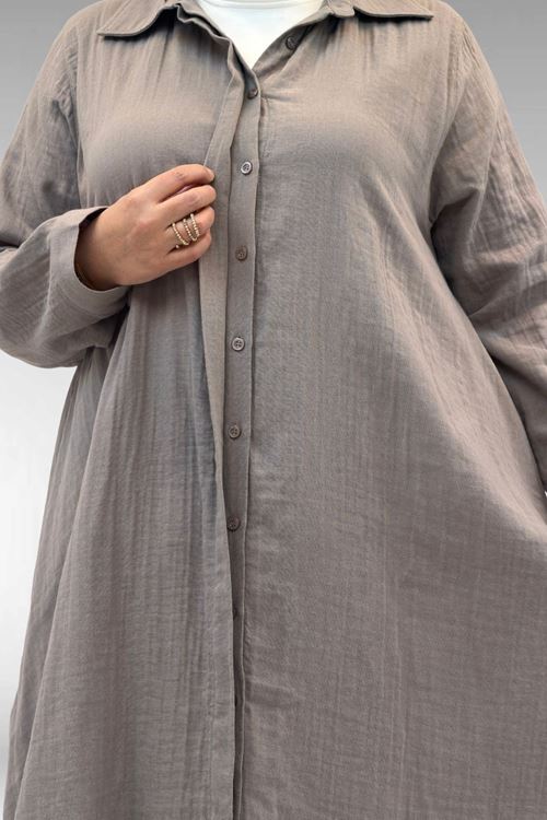 58093 Büyük Beden Mevlana Kesim Müslin Gömlek - Vizon