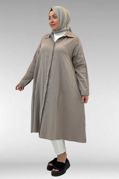 58093 Büyük Beden Mevlana Kesim Müslin Gömlek - Vizon