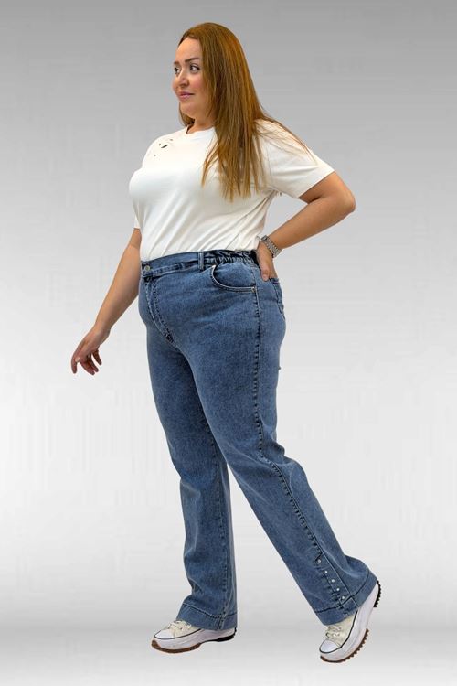 59024 Büyük Beden Paçasında Taş Detaylı Kot Pantolon - Mavi