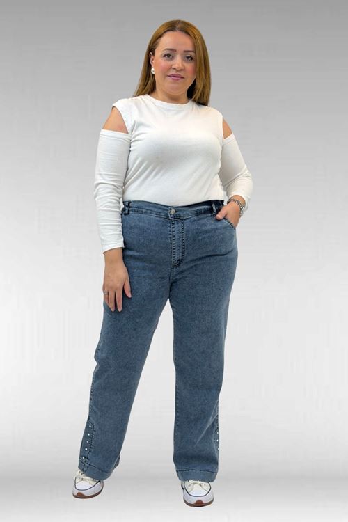 59024 Büyük Beden Paçasında Taş Detaylı Kot Pantolon - Petrol