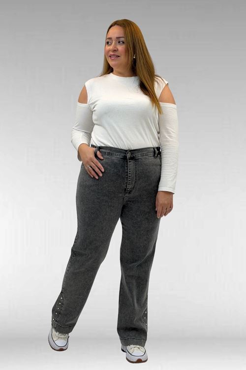 59024 Büyük Beden Paçasında Taş Detaylı Kot Pantolon - Antrasit