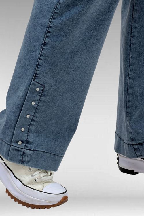 59024 Büyük Beden Paçasında Taş Detaylı Kot Pantolon - Petrol