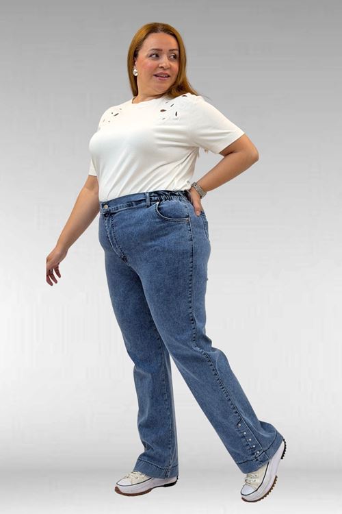 59024 Büyük Beden Paçasında Taş Detaylı Kot Pantolon - Mavi