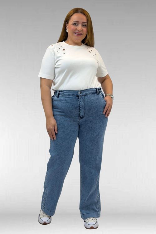 59024 Büyük Beden Paçasında Taş Detaylı Kot Pantolon - Açık Mavi