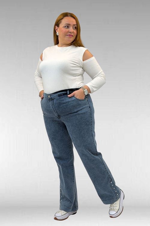 59024 Büyük Beden Paçasında Taş Detaylı Kot Pantolon - Petrol