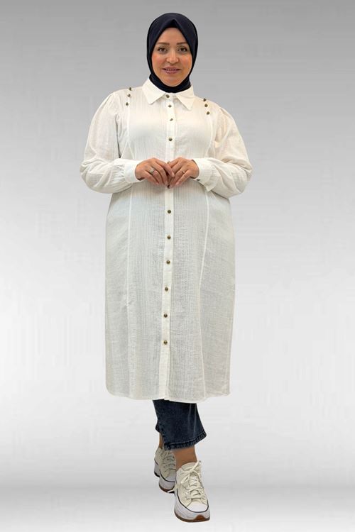 68021 Büyük Beden Düğme Detaylı Müslin Gömlek - Ekru