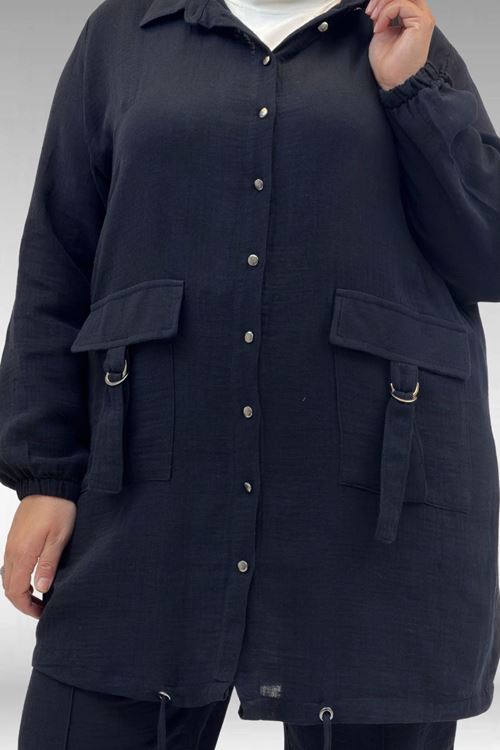 67015 Büyük Beden Cepleri D Toka Detaylı Müslin Pantolonlu Takım - Siyah