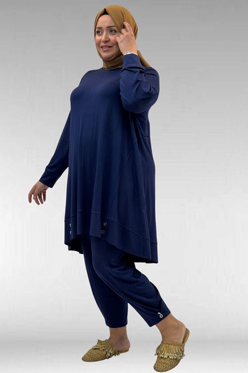 67041 Büyük Beden Düğme Detaylı Penye Pantolonlu Takım - İndigo