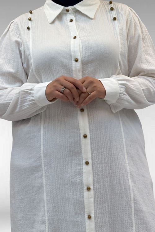 68021 Büyük Beden Düğme Detaylı Müslin Gömlek - Ekru