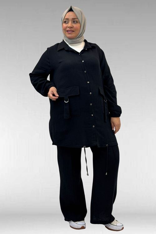 67015 Büyük Beden Cepleri D Toka Detaylı Müslin Pantolonlu Takım - Siyah
