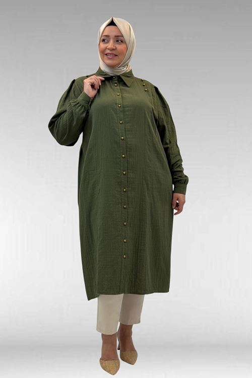 68021 Büyük Beden Düğme Detaylı Müslin Gömlek - Haki