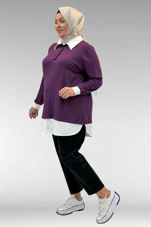 68028 Büyük Beden Kombinli -Manşetli Penye Tunik - Mürdüm