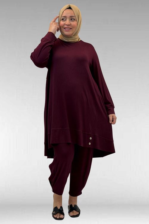 67041 Büyük Beden Düğme Detaylı Penye Pantolonlu Takım - Bordo
