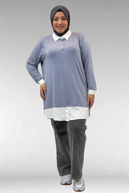 68028 Büyük Beden Kombinli -Manşetli Penye Tunik - Gri