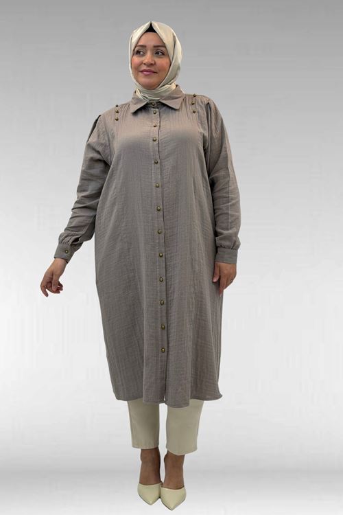 68021 Büyük Beden Düğme Detaylı Müslin Gömlek - Vizon