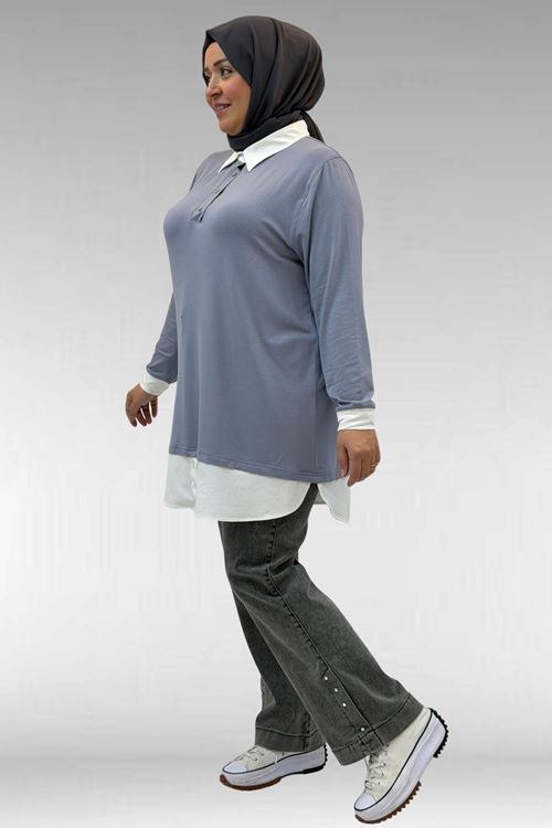 68028 Büyük Beden Kombinli -Manşetli Penye Tunik - Gri