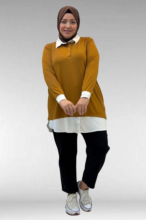 68028 Büyük Beden Kombinli -Manşetli Penye Tunik - Hardal
