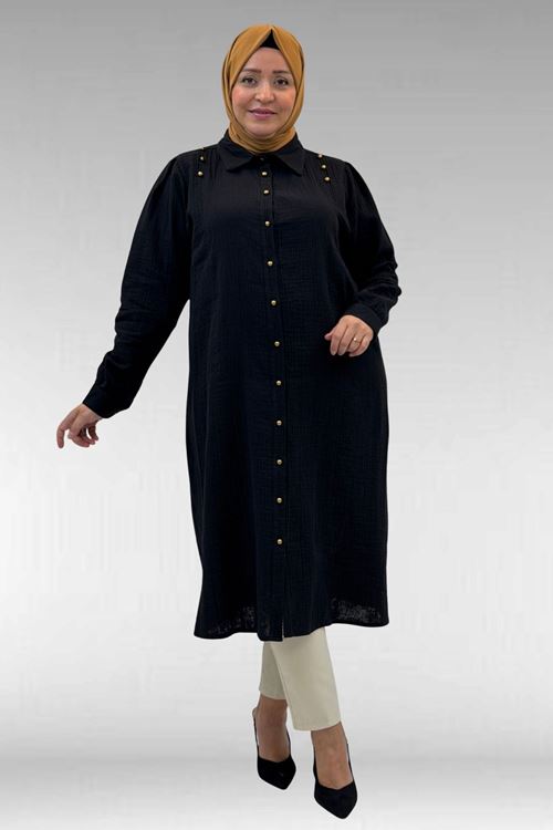 68021 Büyük Beden Düğme Detaylı Müslin Gömlek - Siyah