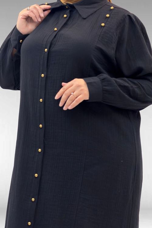 68021 Büyük Beden Düğme Detaylı Müslin Gömlek - Siyah