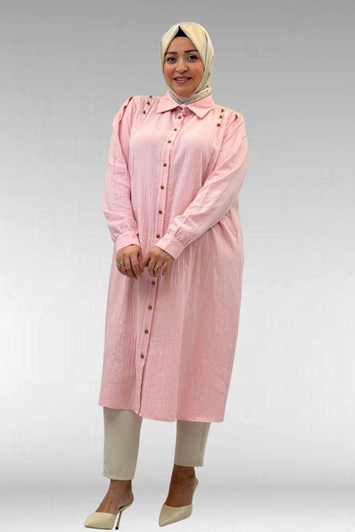 68021 Büyük Beden Düğme Detaylı Müslin Gömlek - Şeker Pembesi