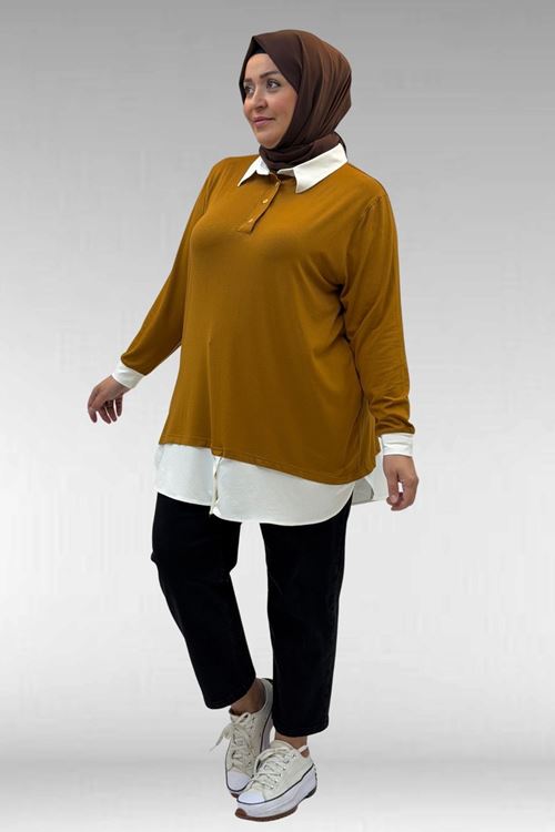 68028 Büyük Beden Kombinli -Manşetli Penye Tunik - Hardal