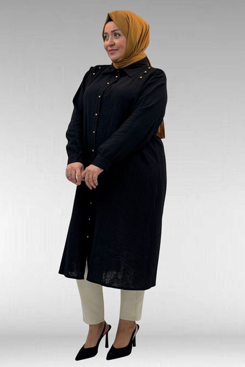 68021 Büyük Beden Düğme Detaylı Müslin Gömlek - Siyah