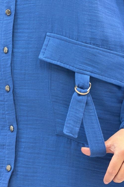 67015 Büyük Beden Cepleri D Toka Detaylı Müslin Pantolonlu Takım - İndigo