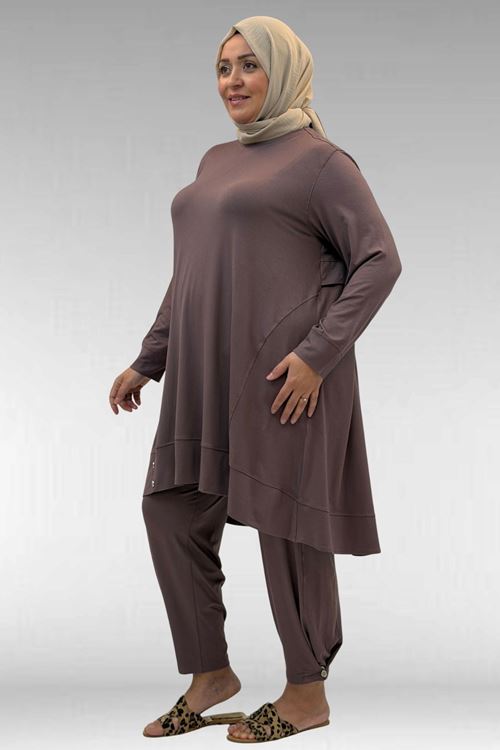 67041 Büyük Beden Düğme Detaylı Penye Pantolonlu Takım - Vizon