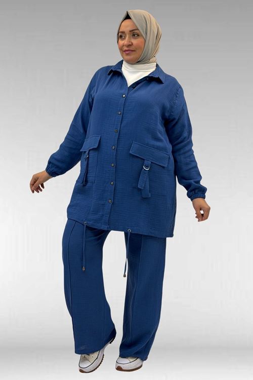 67015 Büyük Beden Cepleri D Toka Detaylı Müslin Pantolonlu Takım - İndigo