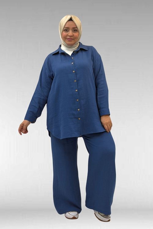 67038 Büyük Beden Erkek Yakalı Müslin Pantolonlu Takım - İndigo