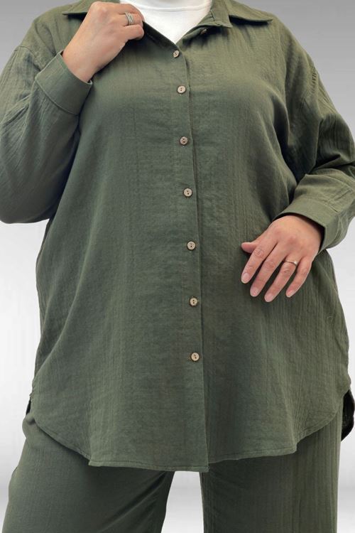 67038 Büyük Beden Erkek Yakalı Müslin Pantolonlu Takım - Haki