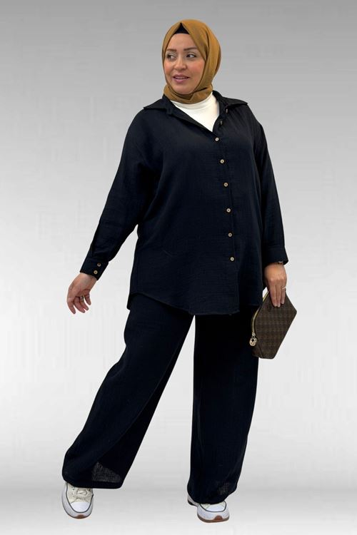 67038 Büyük Beden Erkek Yakalı Müslin Pantolonlu Takım - Siyah