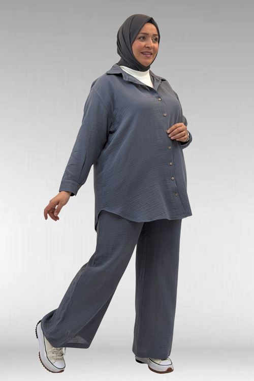 67038 Büyük Beden Erkek Yakalı Müslin Pantolonlu Takım - Antrasit