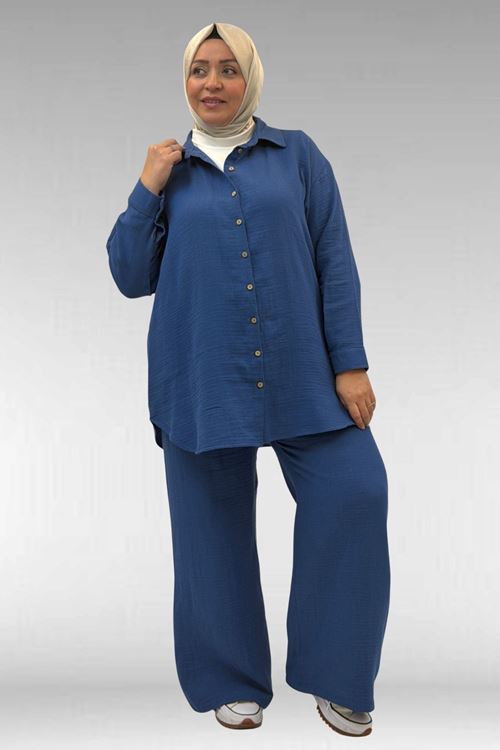 67038 Büyük Beden Erkek Yakalı Müslin Pantolonlu Takım - İndigo