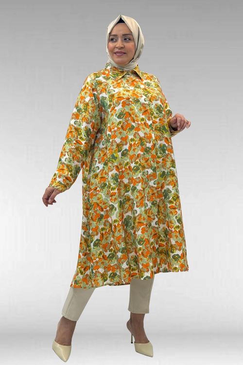 68015 Büyük Beden Mevlana Kesim Mango Gömlek - Çiçek Desen Yeşil