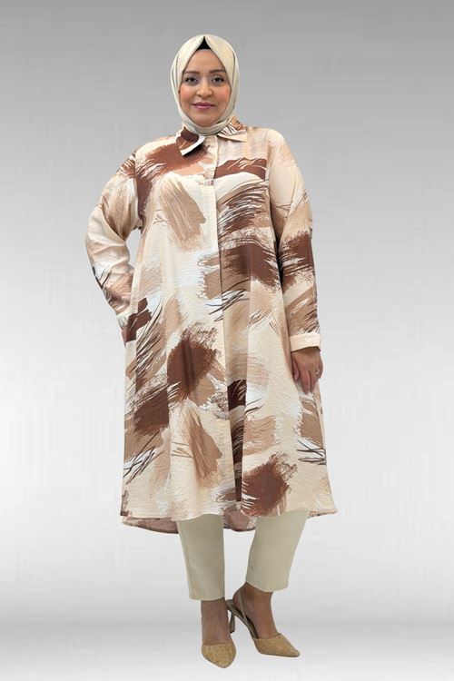 68015 Büyük Beden Mevlana Kesim Mango Gömlek - Desenli Çikolata Kahve