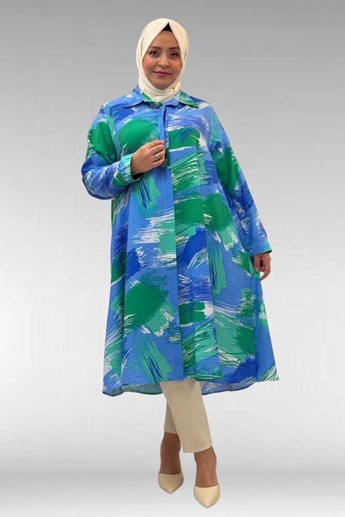 68015 Büyük Beden Mevlana Kesim Mango Gömlek - Desenli Mavi