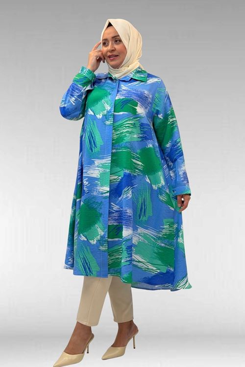 68015 Büyük Beden Mevlana Kesim Mango Gömlek - Desenli Mavi