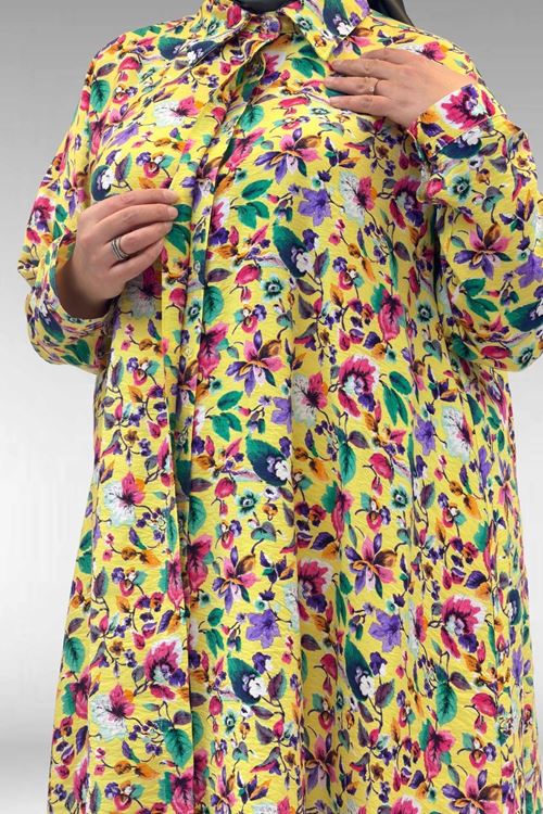 68015 Büyük Beden Mevlana Kesim Mango Gömlek - Desenli Sarı