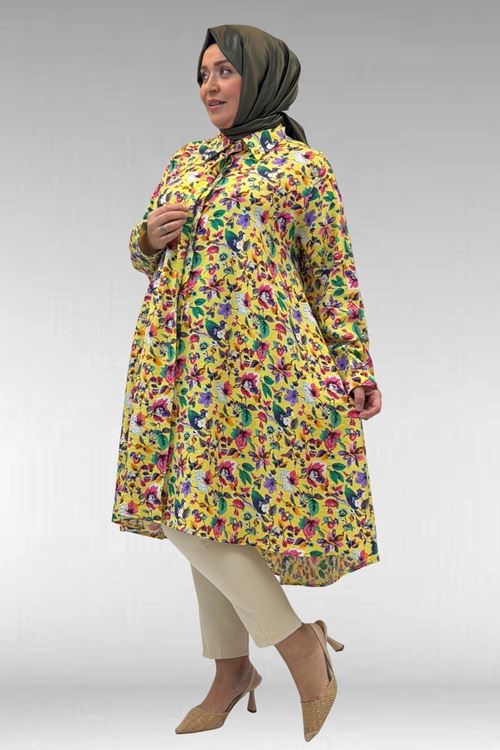 68015 Büyük Beden Mevlana Kesim Mango Gömlek - Desenli Sarı