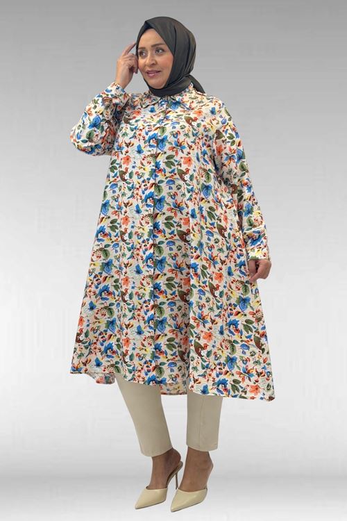 68015 Büyük Beden Mevlana Kesim Mango Gömlek - Desenli Taş