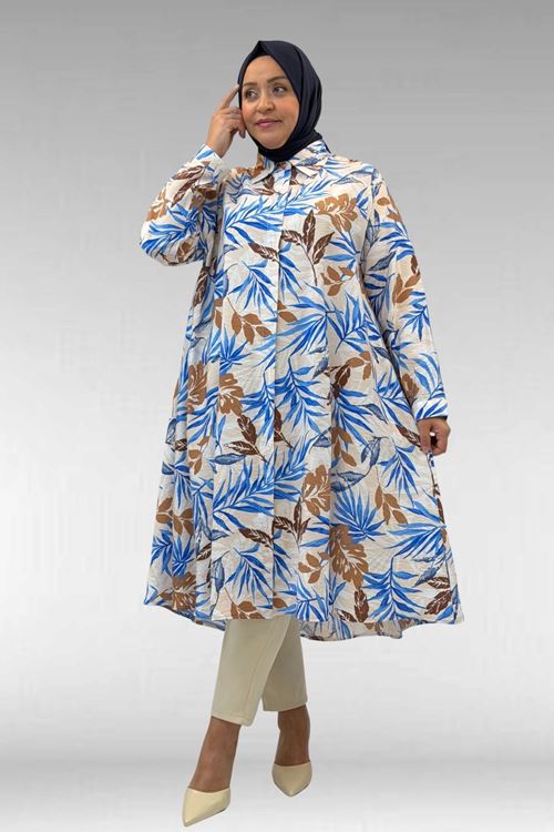 68015 Büyük Beden Mevlana Kesim Mango Gömlek - Yaprak Desen Vizon