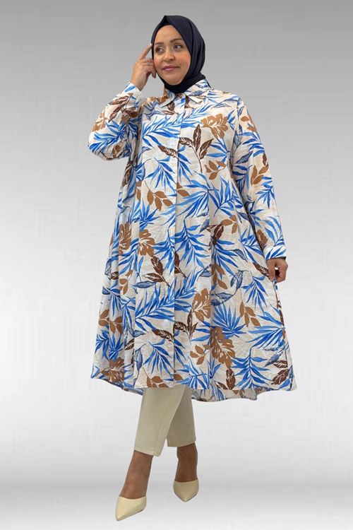 68015 Büyük Beden Mevlana Kesim Mango Gömlek - Yaprak Desen Vizon