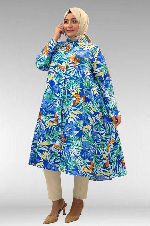 68015 Büyük Beden Mevlana Kesim Mango Gömlek - Desenli Saks