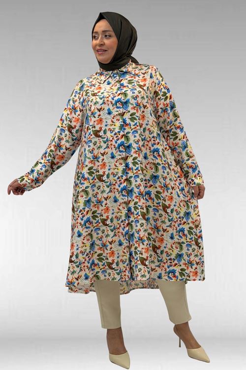 68015 Büyük Beden Mevlana Kesim Mango Gömlek - Desenli Taş