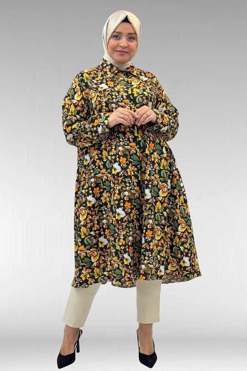 68015 Büyük Beden Mevlana Kesim Mango Gömlek - Desenli Siyah