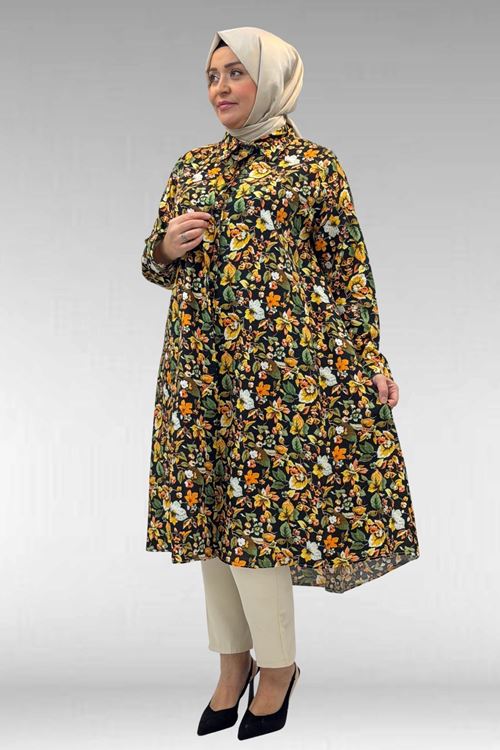 68015 Büyük Beden Mevlana Kesim Mango Gömlek - Desenli Siyah